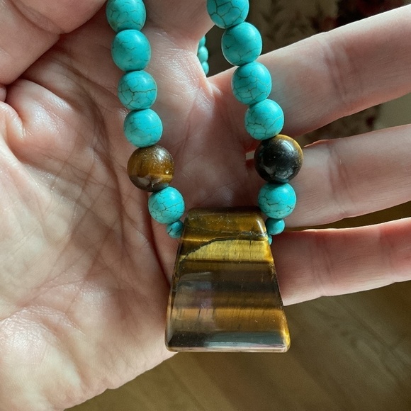 BLUE TURQUOISE TIGER EYE HAND MADE NECKLACE - Picture 4 of 11